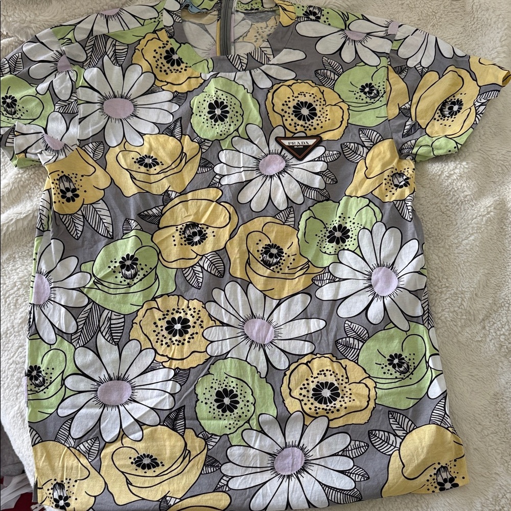 Prada Floral Print T-Shirt in Yellow, Green, and White